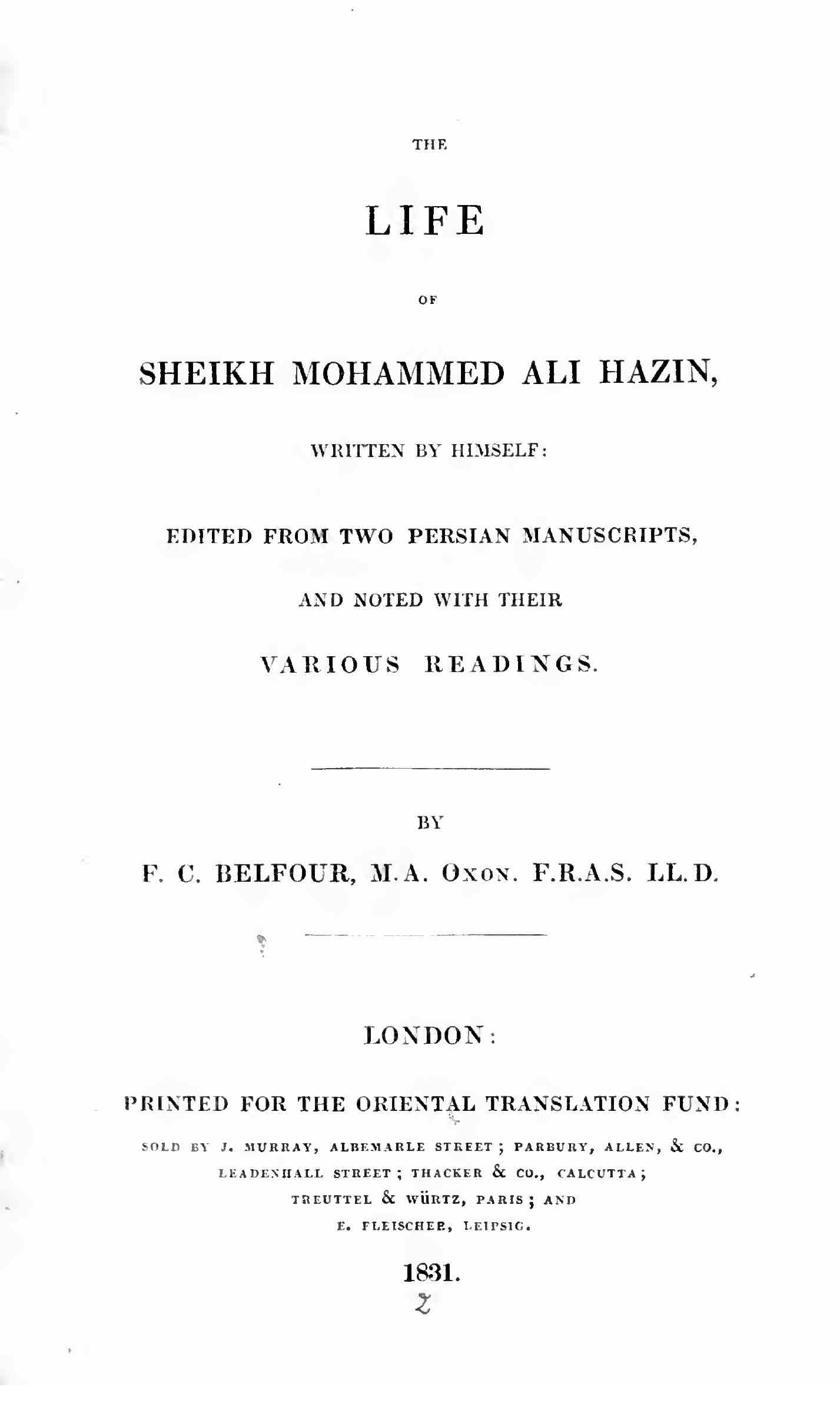 دی لائف آف شیخ محمد علی حزیں